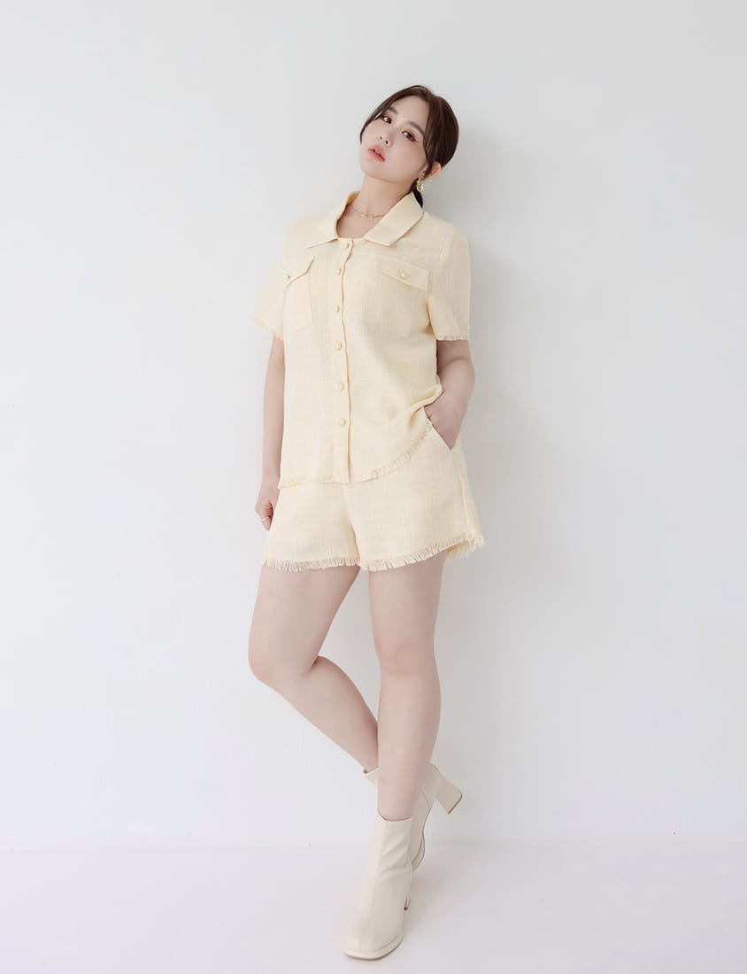 MISS. Tweed Fringe Trim Pearl Button Plus Size Blouse