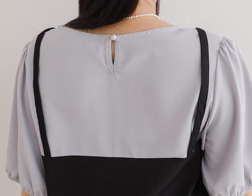 MISS. Faux Two-Piece Textured Puff Sleeve Top