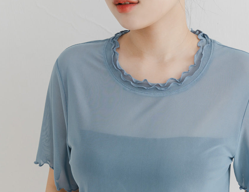 Double Layered Ruffle Sheer Stretch Plus Size Top
