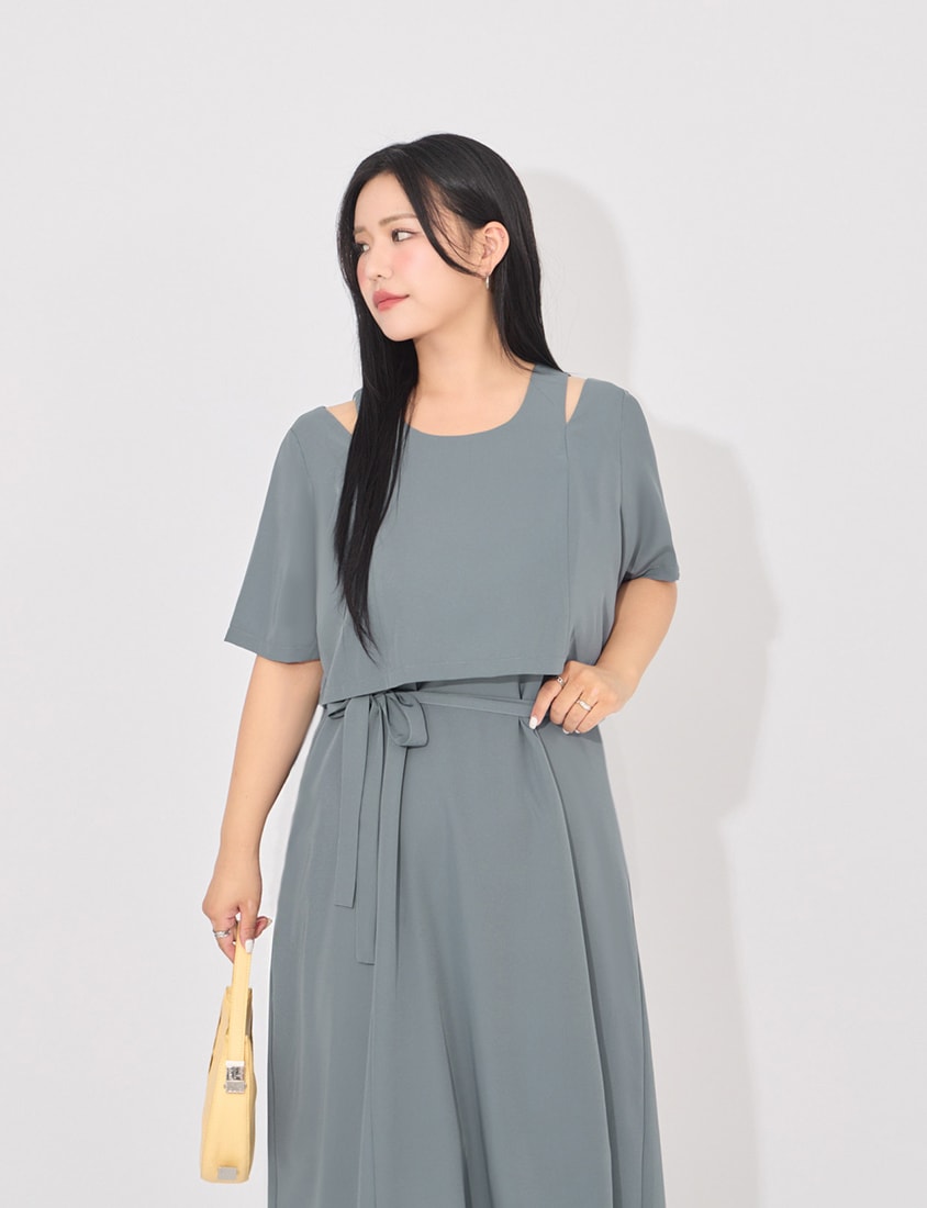 MORE U Wrinkle-Resistant Faux Two-Piece Eyelet Plus Size Dress (with Waist-Tie)