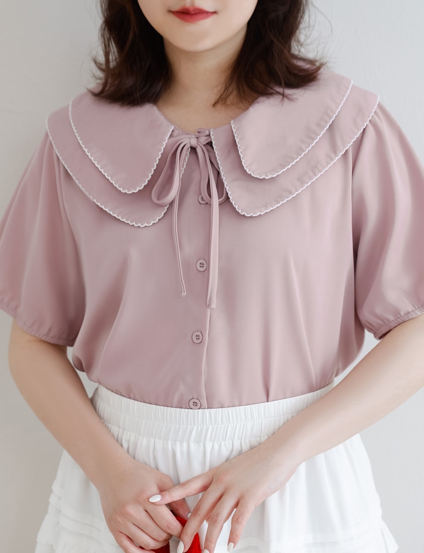 Double Layer Collar Tie Puff Sleeve Plus Size Blouse
