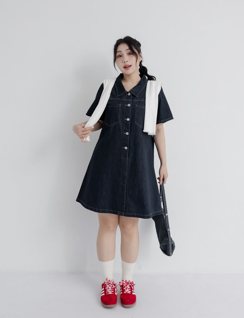 Versatile A-Line Denim Plus Size Shirt Dress