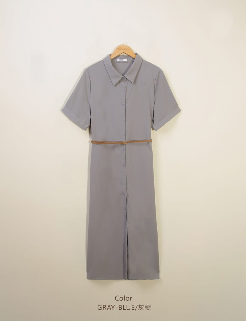 MISS. Button Twill Collar Plus Size Short Sleeve Dress (with Belt)