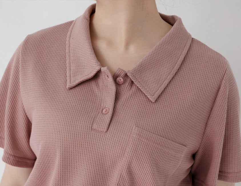 Skin-Friendly Waffle Knit Polo Plus Size Top