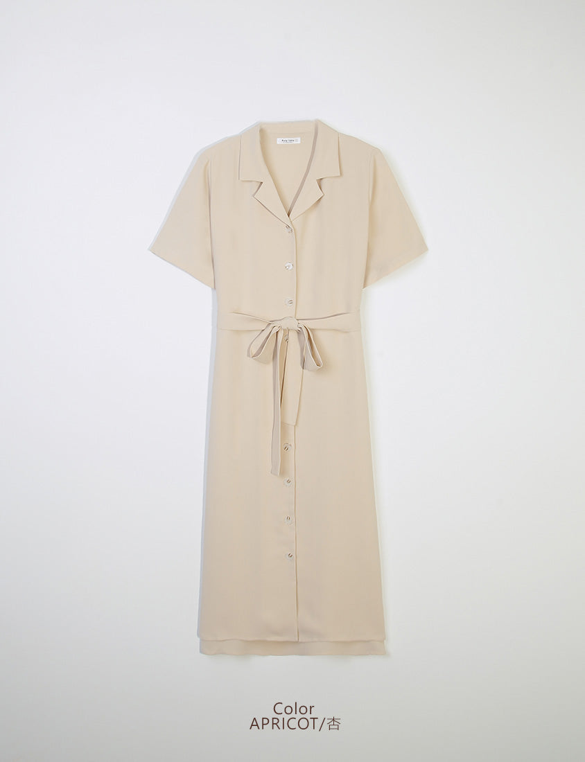 MISS. Cuban Collar Chiffon Button Short Sleeve Dress (with Waist-Tie )