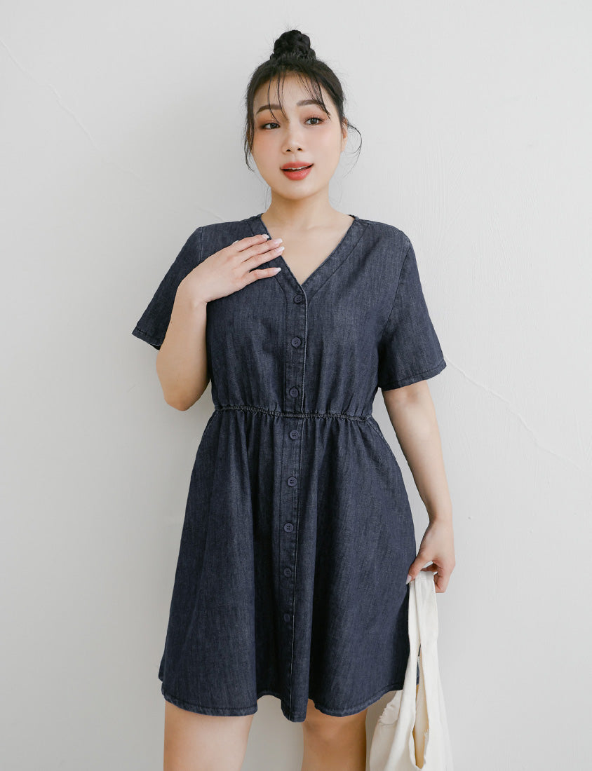 V-Neck Lightweight Denim Elastic Waist Button Plus Size Mini Dress