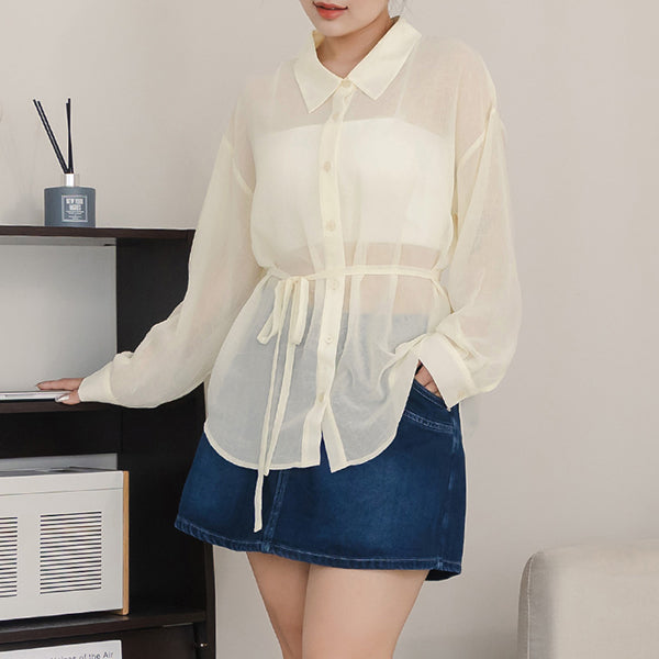 Flowy Crinkled Sheer Plus Size Blouse (With Tie)