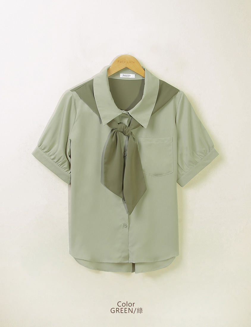 MISS. Faux Two-Piece Color-Block Bow Puff Sleeve Plus Size Blouse