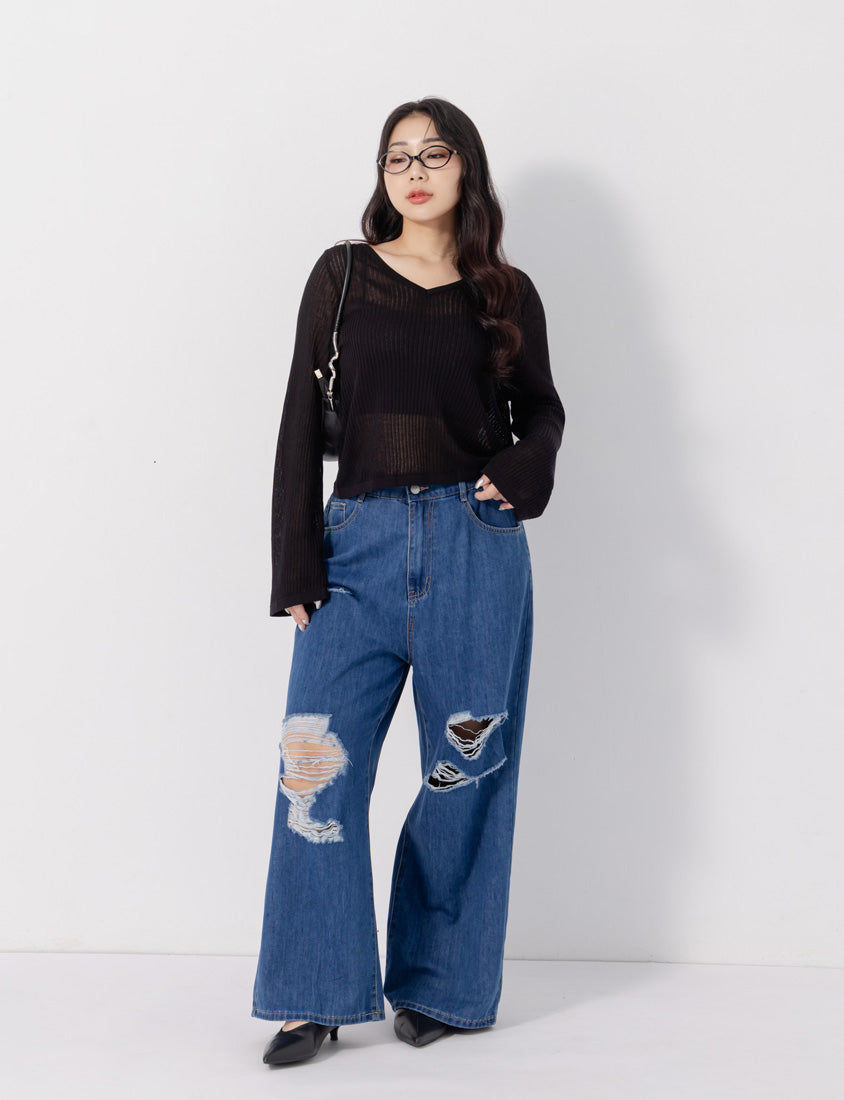 Lyocell Sheer Knit Plus Size Long Sleeve Top
