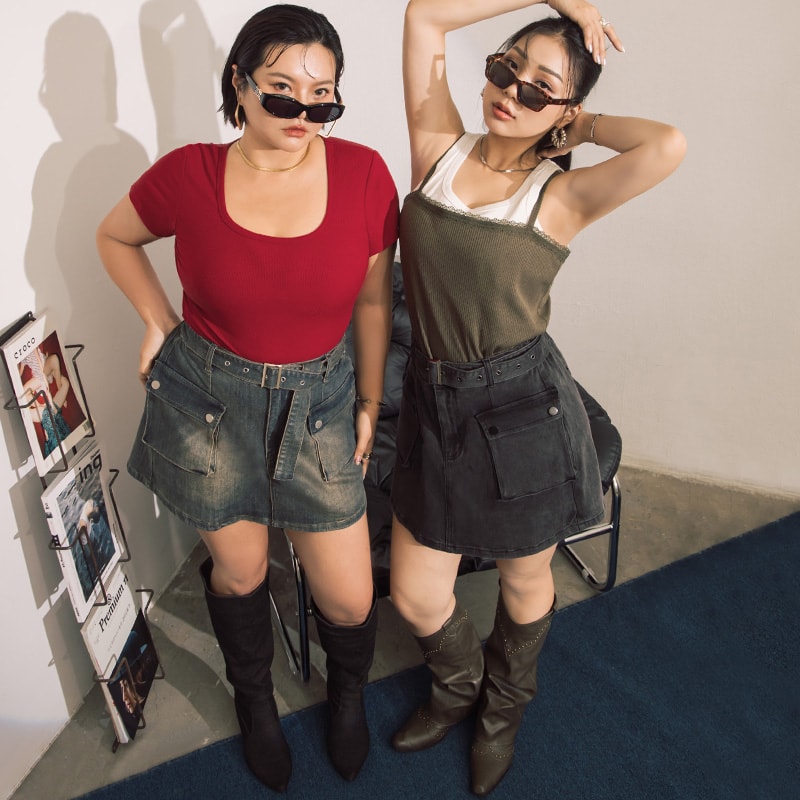 MUA! Washed Denim Plus Size Utility Skort with Belt