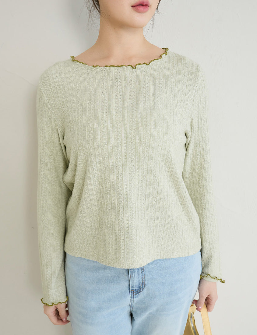 Contrast Lettuce-Edge Jacquard Plus Size Long Sleeve Top