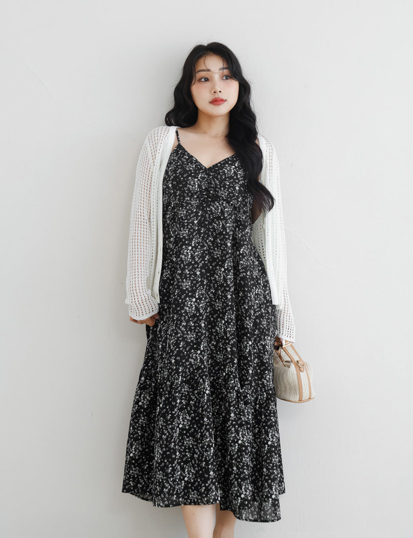 Ruched Floral Flared Hem Plus Size Cami Strap Dress
