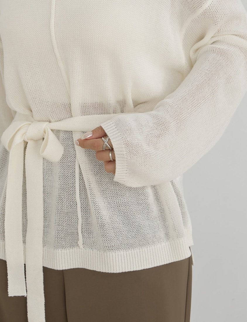 MISS. Korean Sheer Knit Plus Size Long Sleeve Top (with Waist Tie)