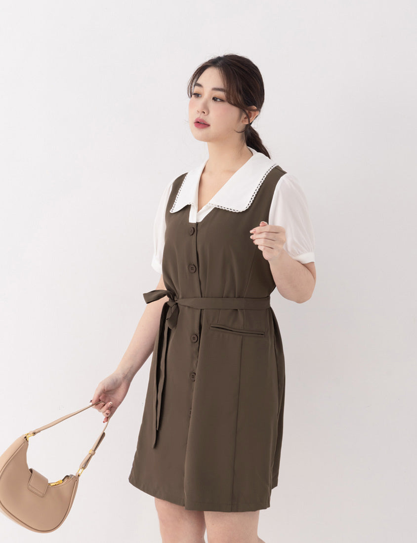 MISS. Elegant Lace Collar Plus Size Puff Sleeve Dress (With Waist Tie)