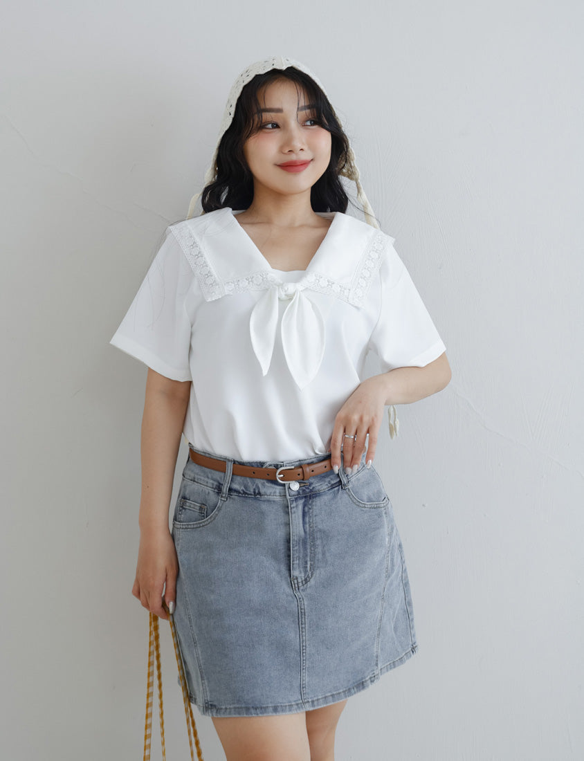 Japanese Style Lace Sailor Collar Tie Plus Size Top Blouse