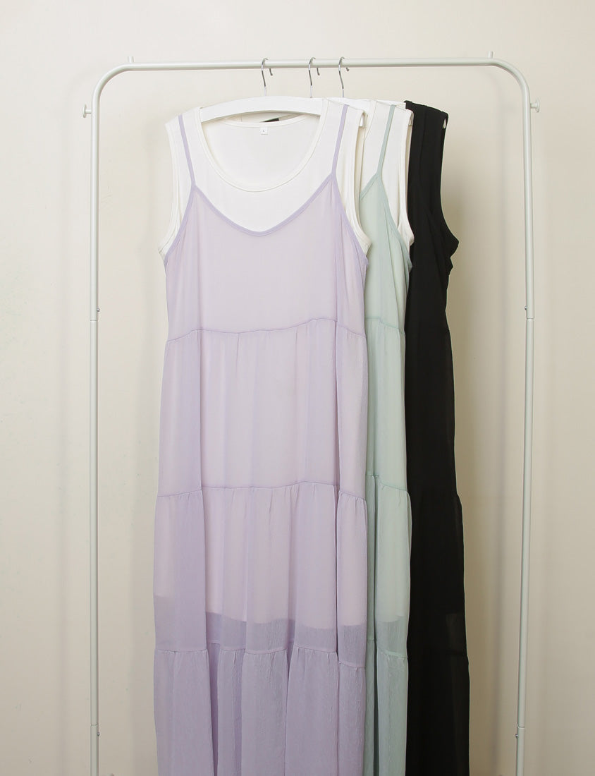 Two Piece Sheer Crinkled Tiered Plus Size Maxi Dress (with Inner Tank)