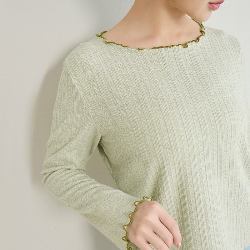 Contrast Lettuce-Edge Jacquard Plus Size Long Sleeve Top