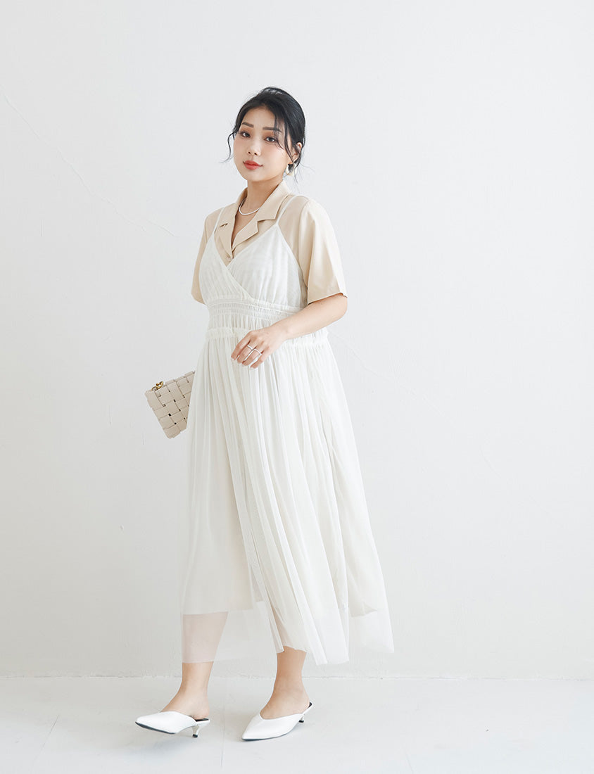 MISS. Cuban Collar Chiffon Button Short Sleeve Dress (with Waist-Tie )