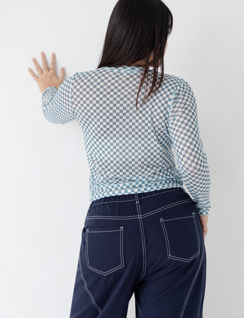 MUA! Sexy Checkered Mesh Long Sleeve Plus Size Top
