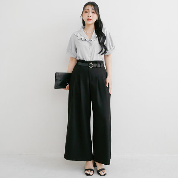 MISS. High-Waisted Bubble Hem Wrinkle-Free Belted Plus Size Wide-Leg Pants