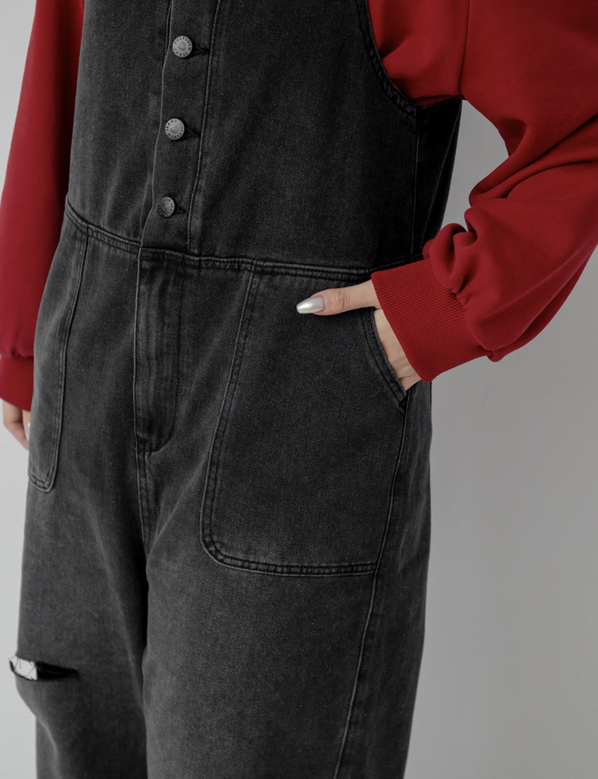 Distressed Button-Up Plus Size Denim Overalls