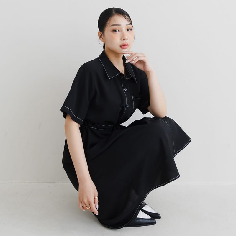MISS. Contrast Stitch Drawstring Long Plus Size Shirt