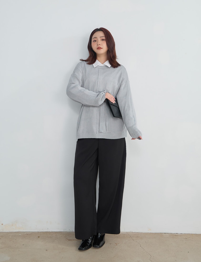 MISS. Korean Sheer Knit Plus Size Long Sleeve Top (with Waist Tie)