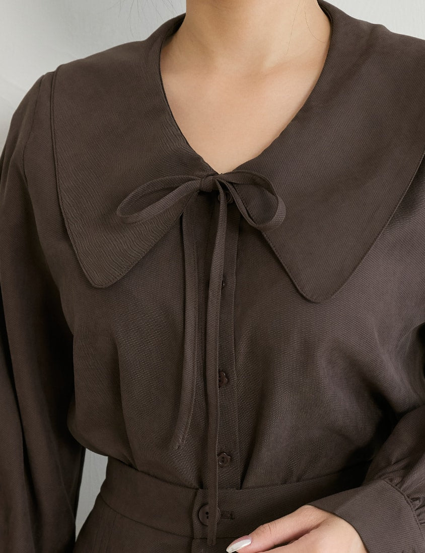 Sweet Multicolor Collar Tie Puff Sleeve Plus Size Shirt