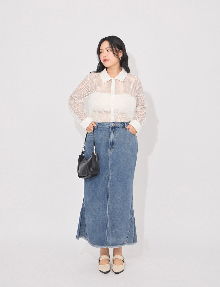 MORE U Cooling Silky Denim Slit Plus Size Mermaid Skirt