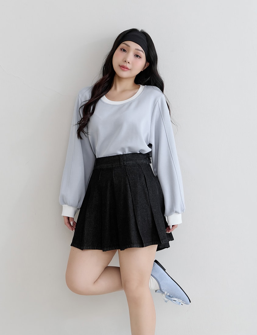 Playful Pleated Denim Mini Skirt (with Button)