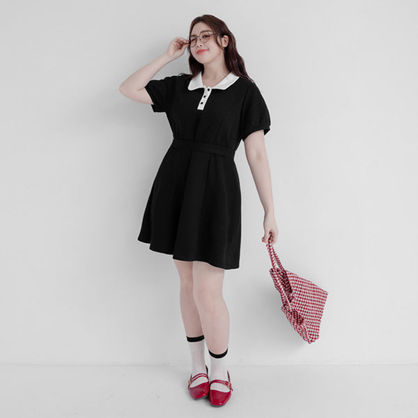 Color-Block Polo Collar Plus Size Mini Dress (With Belt)