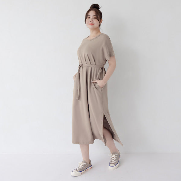 Casual Crew Neck Waist Tie Plus Size Maxi Dress