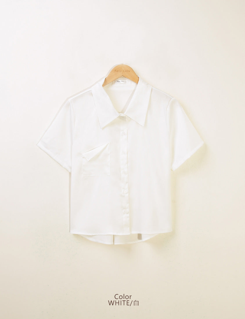 MISS. Elegant Pleat-Back Satin Plus Size Pocket Shirt