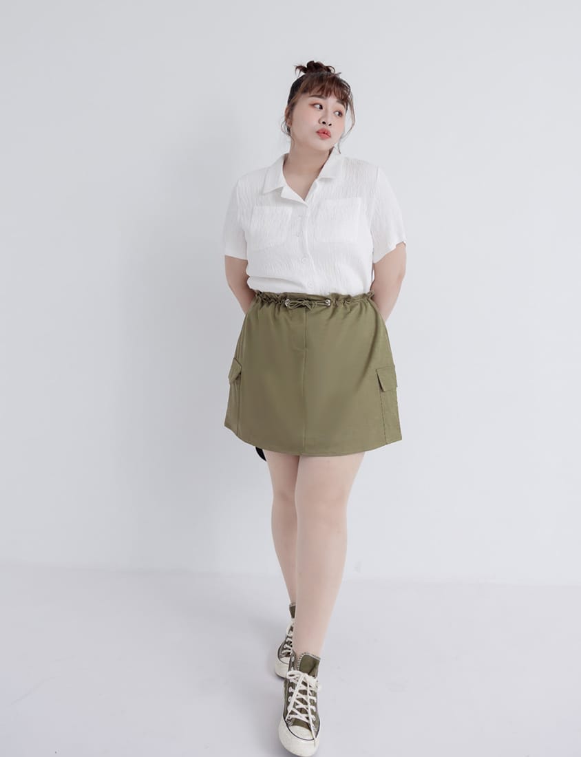 Cuban Collar Crinkled Texture Large Pocket Plus Size Shirt