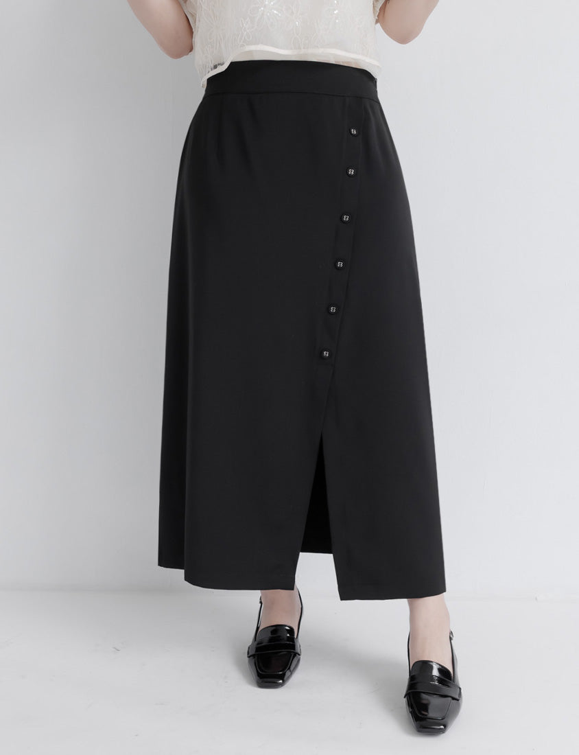 MISS. Korean Style Asymmetrical Button Slit Elastic Waist Plus Size Maxi Skirt
