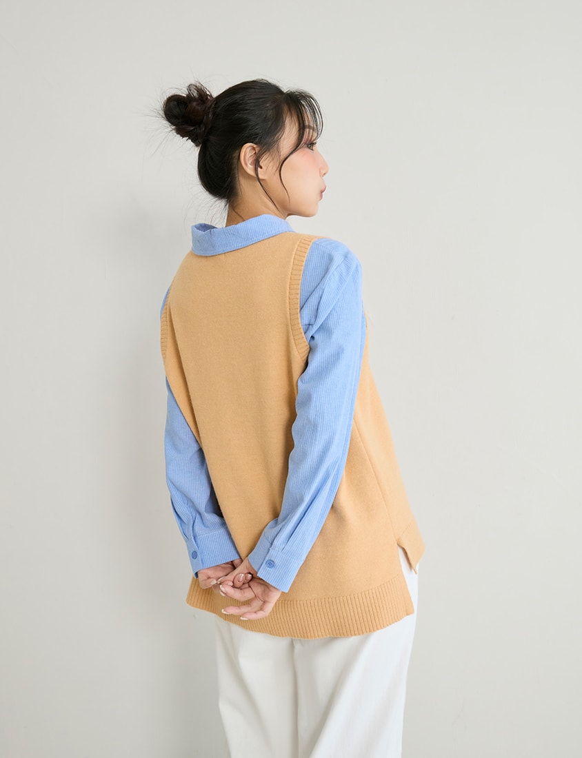 Versatile Multicolor V-Neck Mid-Length Plus Size Knit Vest