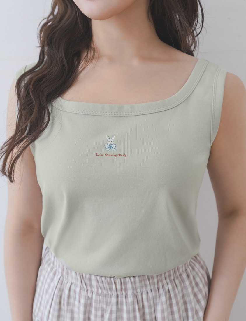 Wide Strap Square Neck Hand-Drawn Print Plus Size Tank Top (Illustrator Collaboration)