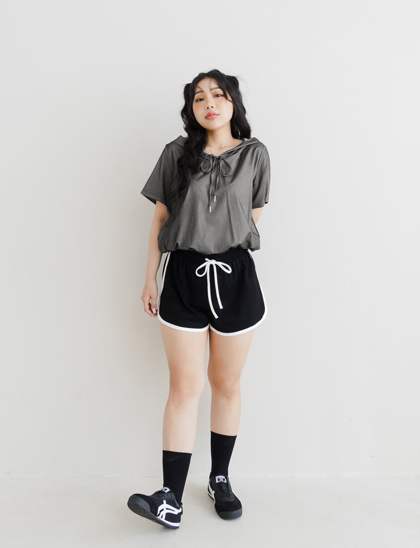 Faux Denim Hoodie Tie-Front Plus Size Short Sleeve Top