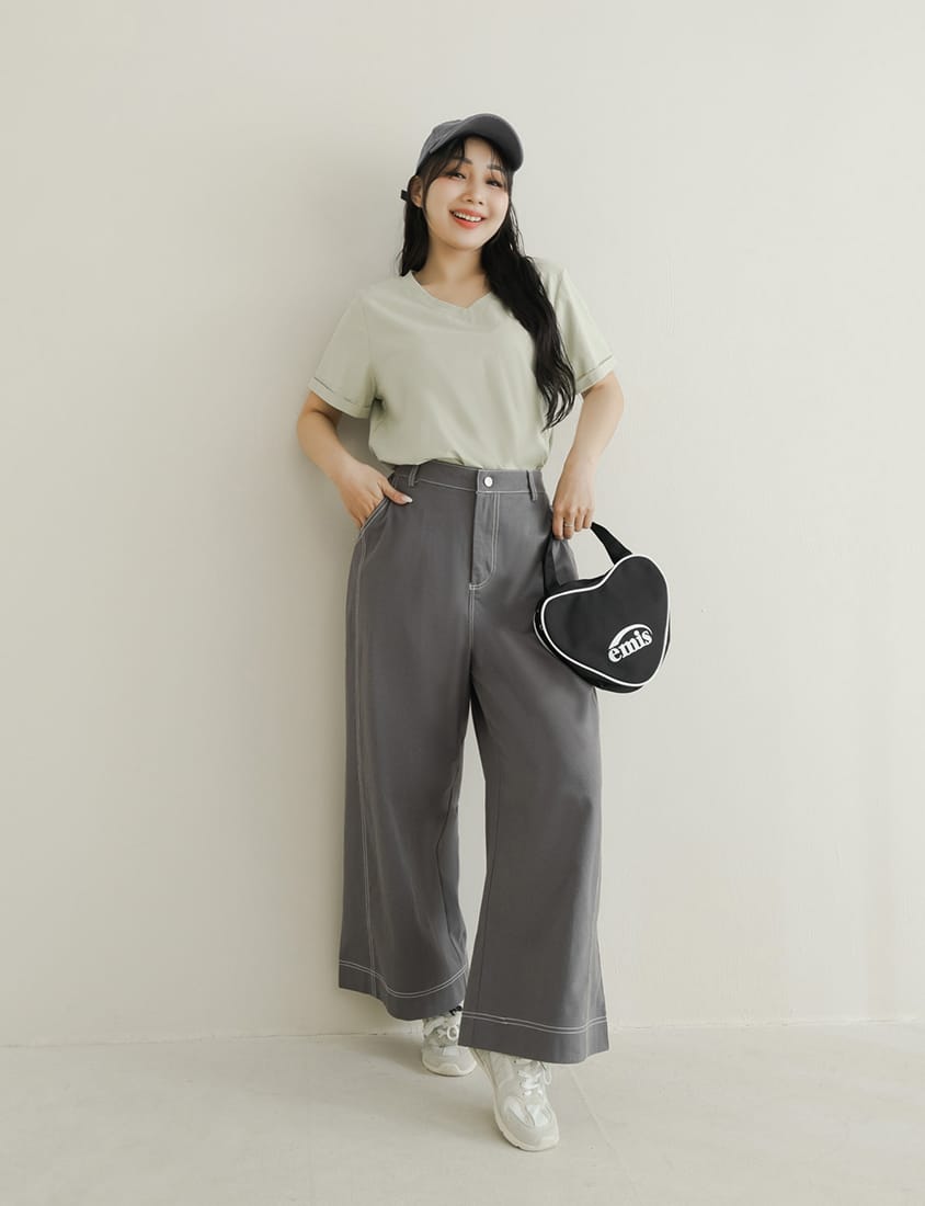 Color-Block Stitched Twill Cotton Straight-Leg Plus Size Pants