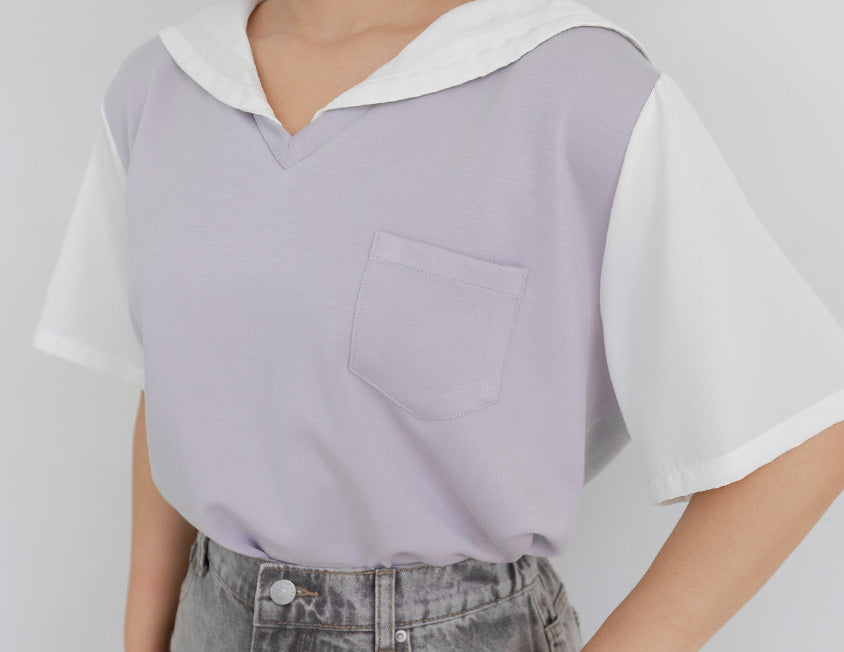Space Cotton Sailor Collar Faux Two-Piece Plus Size Top