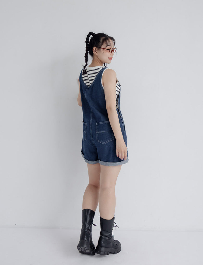 Adjustable Cuffed Denim Plus Size Overall Shorts