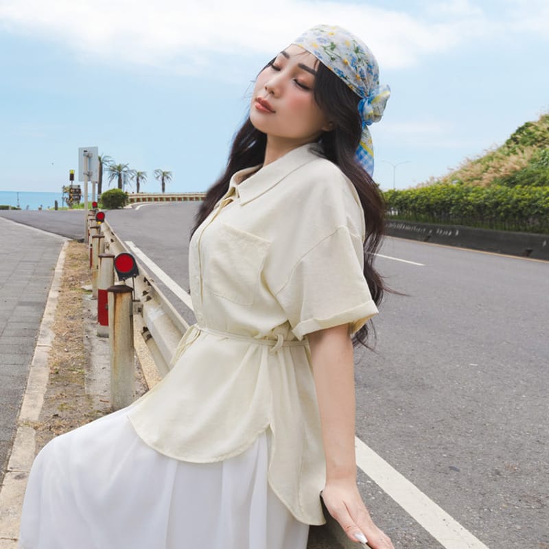 Airy Silky Linen Short Sleeve Plus Size Shirt (With Tie Belt)