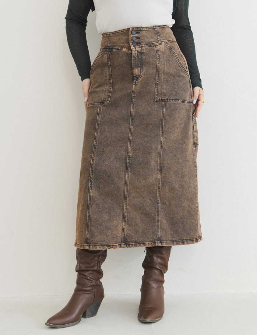 MUA! Ultra-Stretch Back Slit High-Waist Washed Denim Plus Size Maxi Skirt