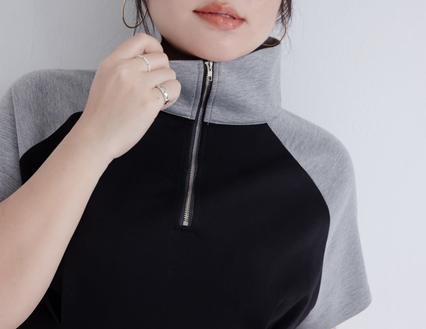 MUA! Space Cotton Color-Block Stand Collar Plus Size Short Sleeve Mini Dress
