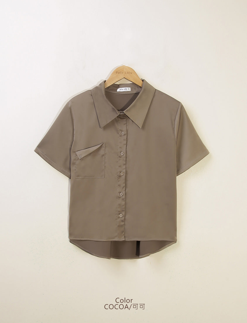 MISS. Elegant Pleat-Back Satin Plus Size Pocket Shirt