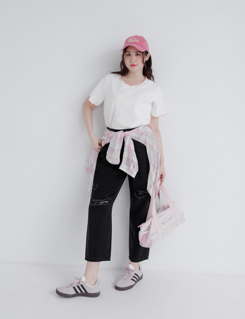 Distressed Side Elastic Waist Plus Size Boyfriend Jeans