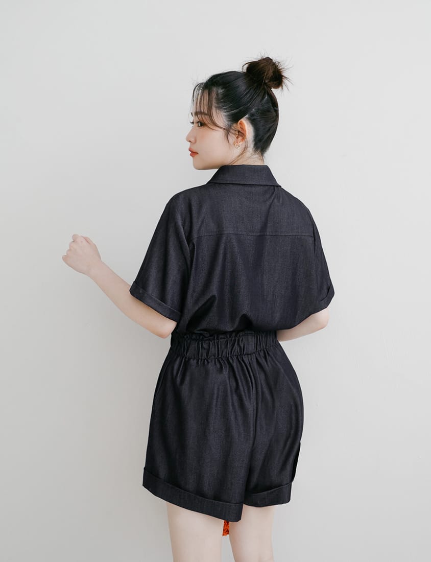 Korean-Style Faux Denim Cuffed Plus Size Short Sleeve Shirt