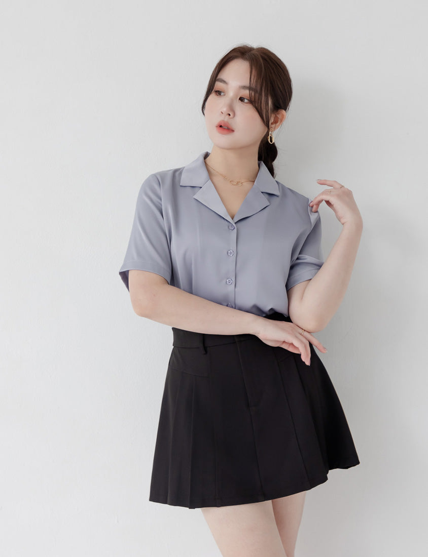 MISS. Glossy Satin Cuban Collar Plus Size Shirt With Floral Buttons