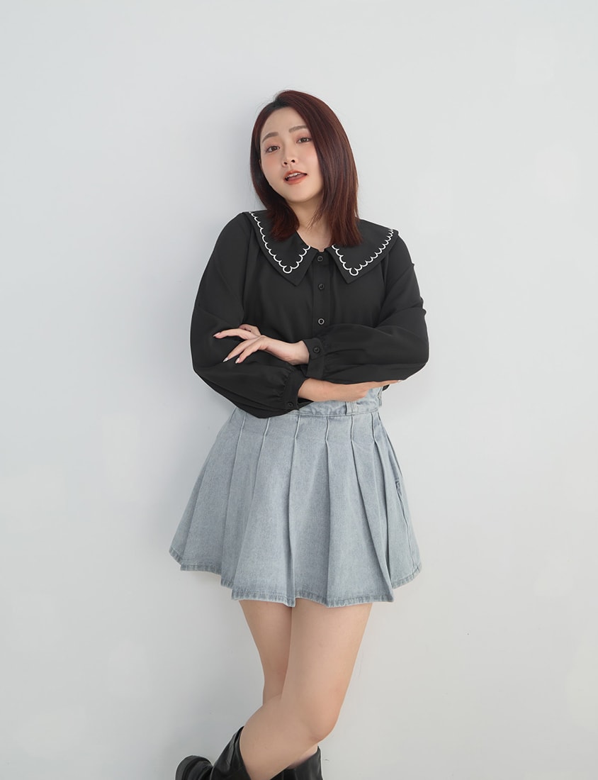 Contrast Embroidered Oversized Collar Plus Size Long Sleeve Shirt