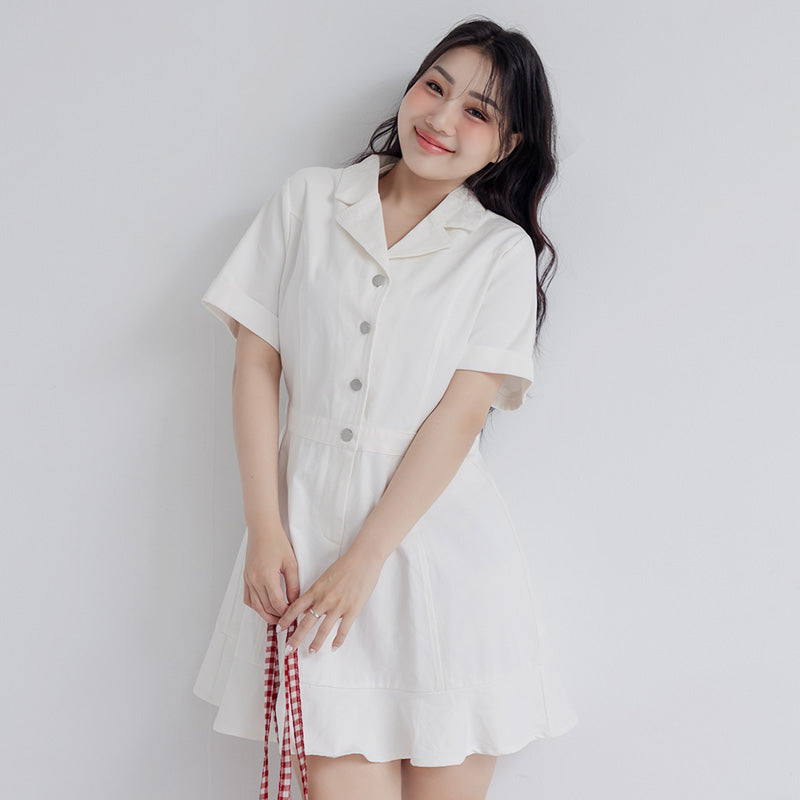 Twill Cuban Collar Cargo Ruffle Hem Plus Size Mini Dress